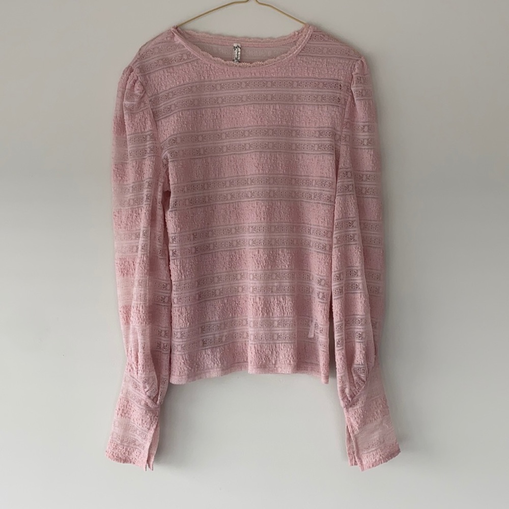 Free People Mesh Lace Pink Long Sleeve with Puff Sleeves